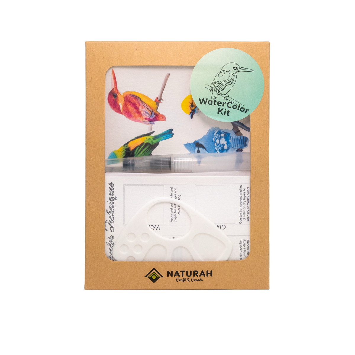 The Naturah Birds Watercolor Set box with its kingfisher sticker, the window showing the colorful bird reference card, refillable water brush, techniques chart and mini palette.